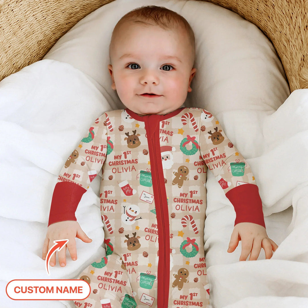Custom Name My First Christmas Mocha Gingham Convertible Zippy - Zumbamboo