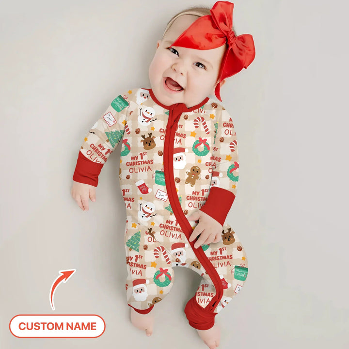Custom Name My First Christmas Mocha Gingham Convertible Zippy - Zumbamboo
