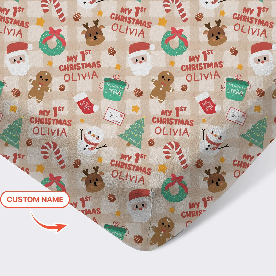 Custom Name My First Christmas Mocha Gingham Fitted Crib Sheet - Zumbamboo