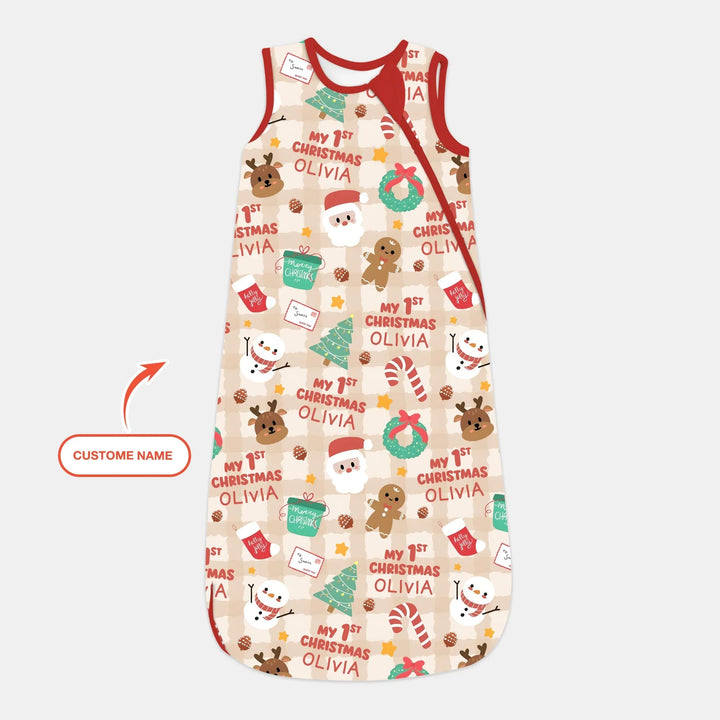 Custom Name My First Christmas Mocha Gingham Sleep Bag - Zumbamboo