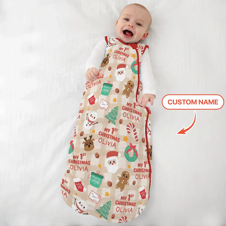 Custom Name My First Christmas Mocha Gingham Sleep Bag - Zumbamboo