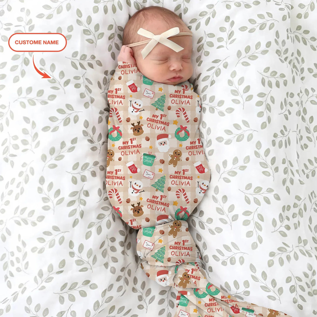 Custom Name My First Christmas Mocha Gingham Swaddle Blanket - Zumbamboo