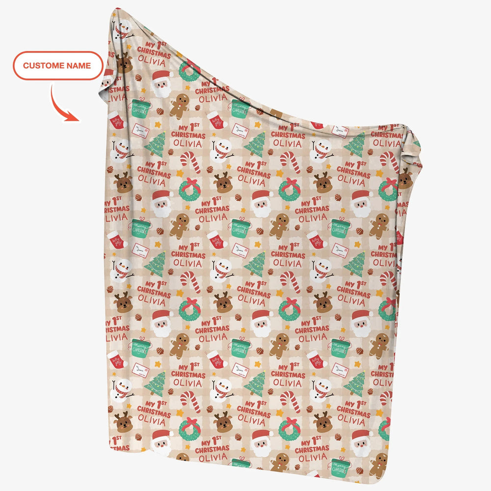 Custom Name My First Christmas Mocha Gingham Swaddle Blanket - Zumbamboo