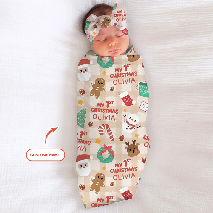 Custom Name My First Christmas Mocha Gingham Swaddle Blanket - Zumbamboo