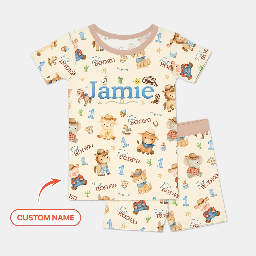 Custom Name My First Rodeo 1st birthday Two Piece Short Sleeve Shorts Pajama Set - Zumbamboo