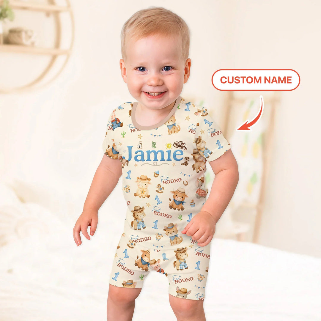 Custom Name My First Rodeo 1st birthday Two Piece Short Sleeve Shorts Pajama Set - Zumbamboo