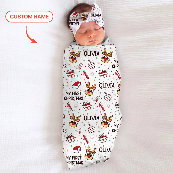Custom Name Reindeer Doodle My First Christmas Swaddle Blanket - Zumbamboo