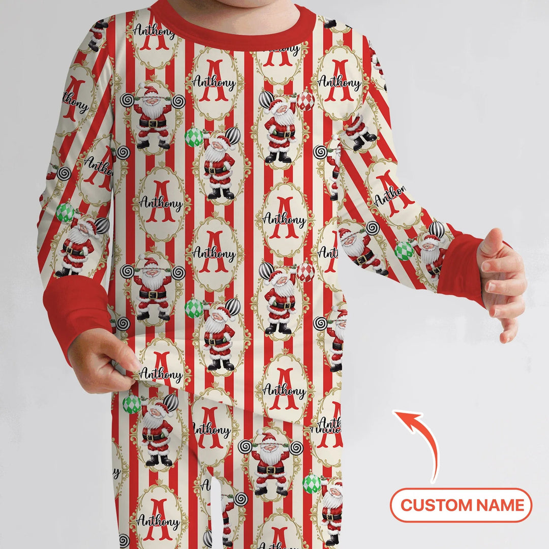 Custom Name Santa Stripes Two Piece Long Sleeve Pajama Set - Zumbamboo