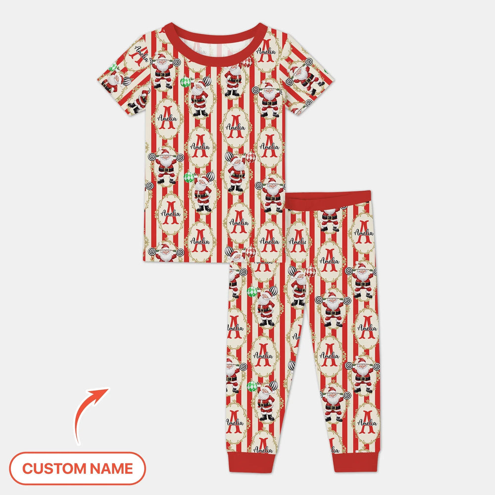 Custom Name Santa Stripes Two Piece Short Sleeve Pajama Set - Zumbamboo