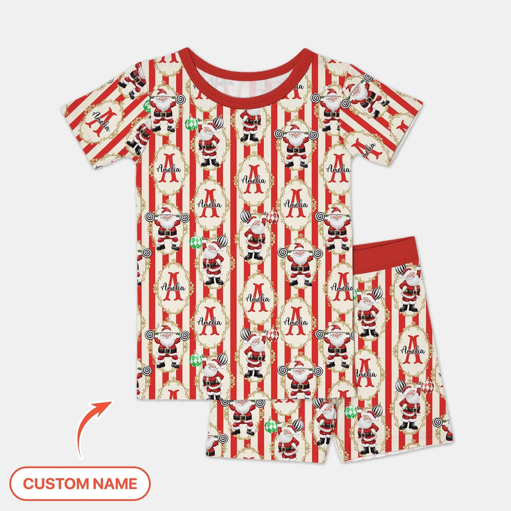 Custom Name Santa Stripes Two Piece Short Sleeve Shorts Pajama Set - Zumbamboo
