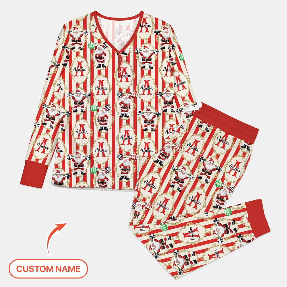 Custom Name Santa Stripes Women Pajama Set - Zumbamboo