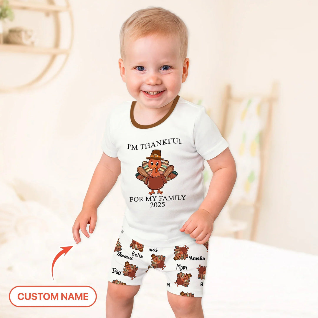 Custom Name Thanksgiving Family Matching Two Piece Short Sleeve Shorts Pajama Set - Zumbamboo