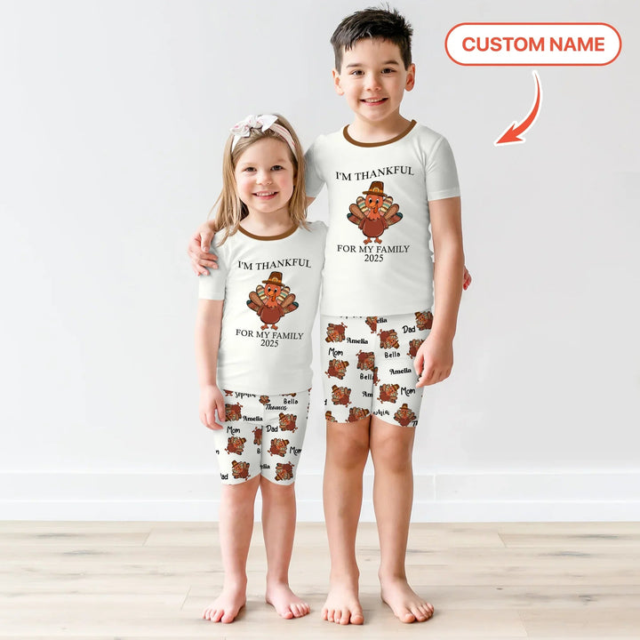 Custom Name Thanksgiving Family Matching Two Piece Short Sleeve Shorts Pajama Set - Zumbamboo