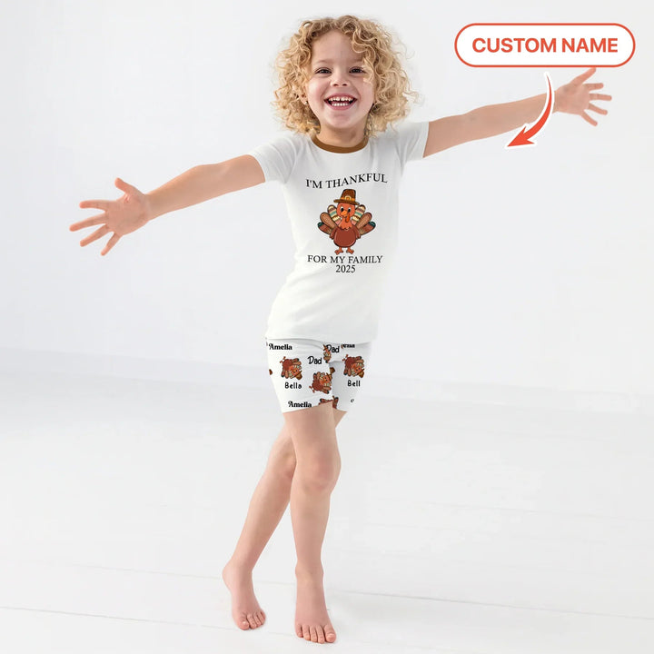 Custom Name Thanksgiving Family Matching Two Piece Short Sleeve Shorts Pajama Set - Zumbamboo