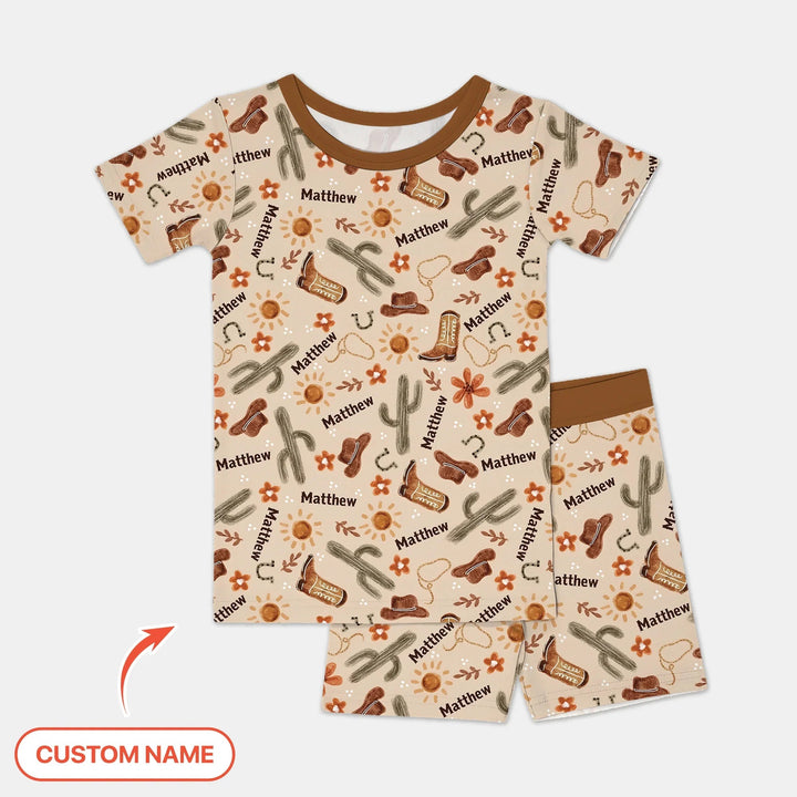 Custom Name Western Cowboy Stuff Two Piece Short Sleeve Shorts Pajama Set - Zumbamboo