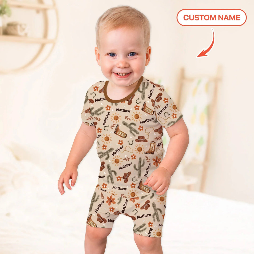 Custom Name Western Cowboy Stuff Two Piece Short Sleeve Shorts Pajama Set - Zumbamboo