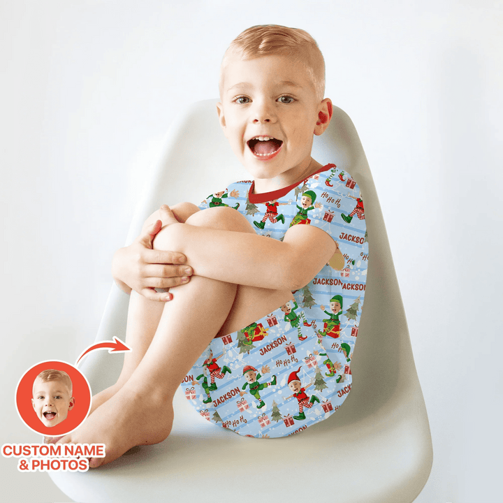 Custom Photo Baby Christmas Elf Two Piece Short Sleeve Shorts Pajama Set - Zumbamboo