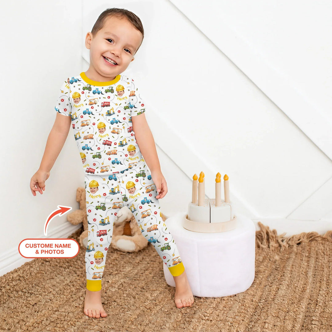 Custom Photo Little Construction Heroes Two Piece Short Sleeve Pajama Set - Zumbamboo
