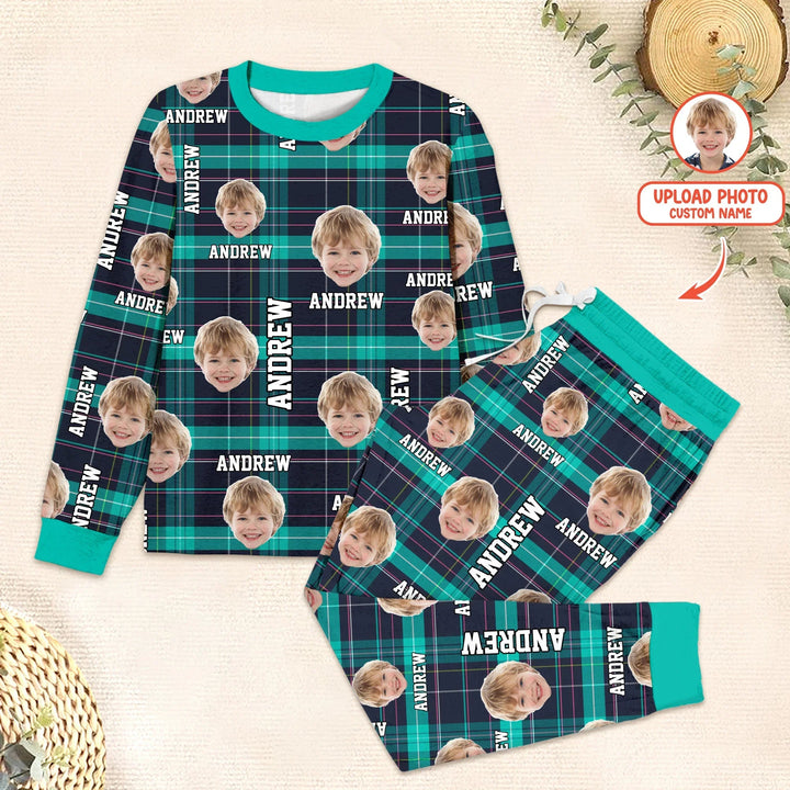 Custom Photo & Name Christmas Plaid Two Piece Long Sleeve Pajama Set - Zumbamboo