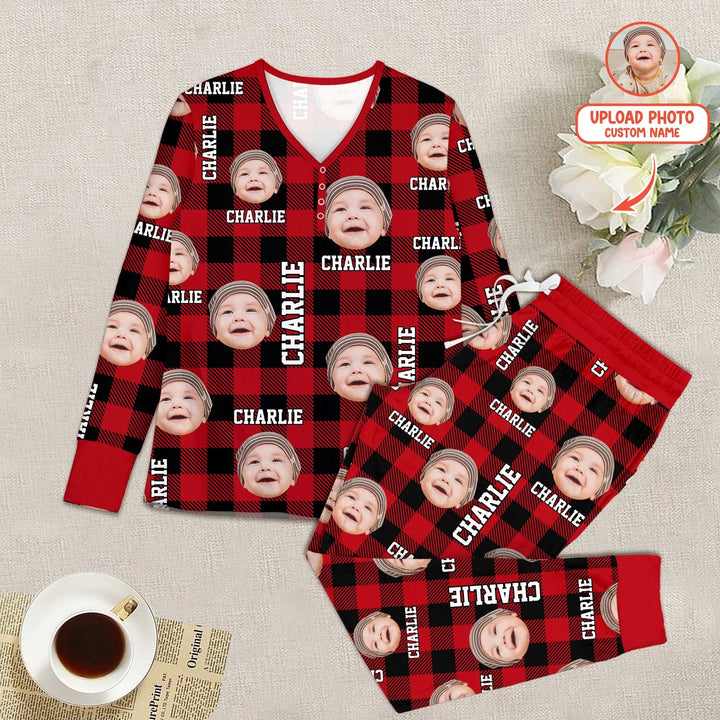 Custom Photo & Name Christmas Plaid Women Pajama Set - Zumbamboo