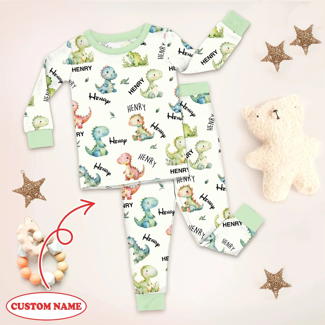 Dinosaur Custom Name Two Piece Long Sleeve Pajama Set - Zumbamboo