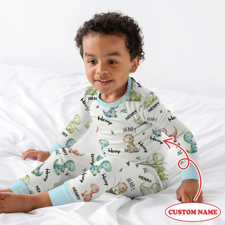 Dinosaur Custom Name Two Piece Long Sleeve Pajama Set - Zumbamboo