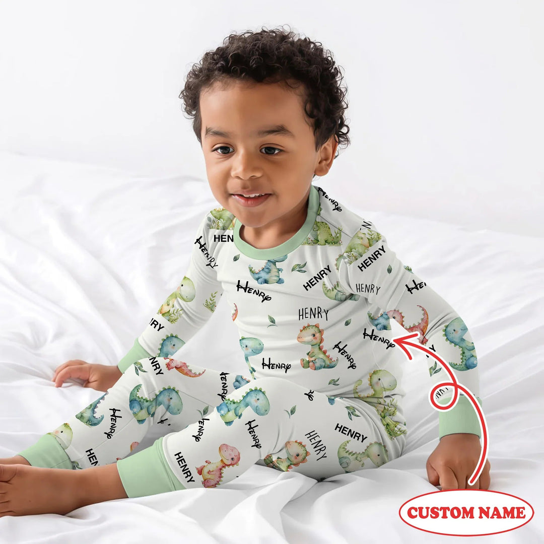 Dinosaur Custom Name Two Piece Long Sleeve Pajama Set - Zumbamboo