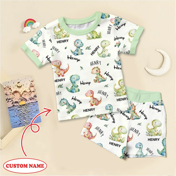 Dinosaur Custom Name Two Piece Short Sleeve Shorts Pajama Set - Zumbamboo