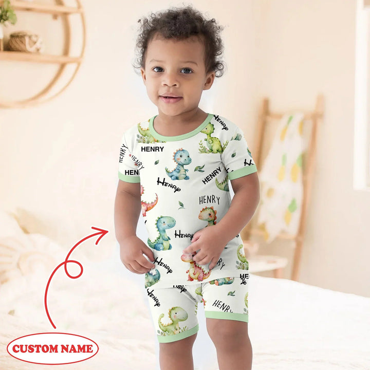 Dinosaur Custom Name Two Piece Short Sleeve Shorts Pajama Set - Zumbamboo