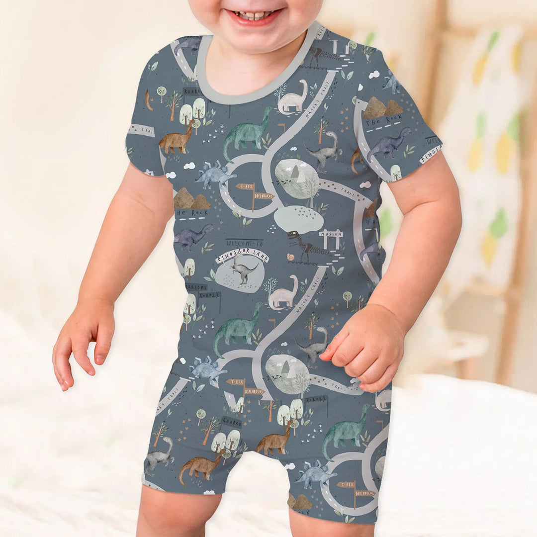 Dinosaur Route Map Two Piece Short Sleeve Shorts Pajama Set - Zumbamboo