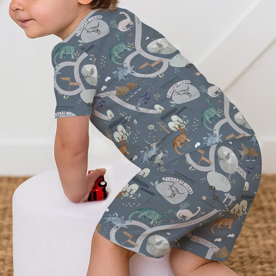 Dinosaur Route Map Two Piece Short Sleeve Shorts Pajama Set - Zumbamboo