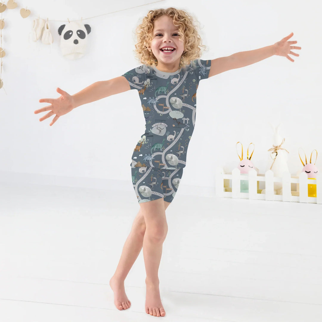 Dinosaur Route Map Two Piece Short Sleeve Shorts Pajama Set - Zumbamboo