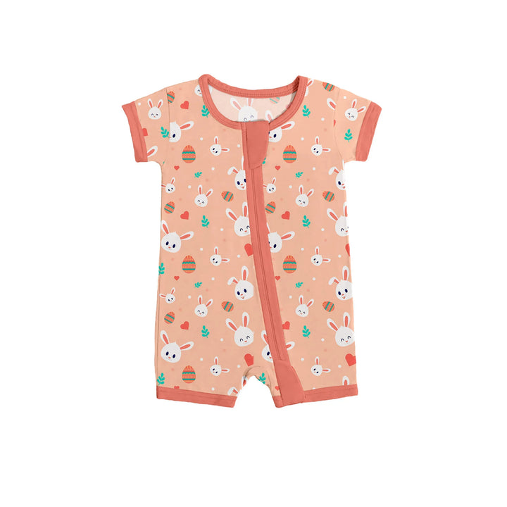 Easter Shorty Zippered Romper in Apricot , Easter Shorty Zippered Romper in Apricot - 0-3M