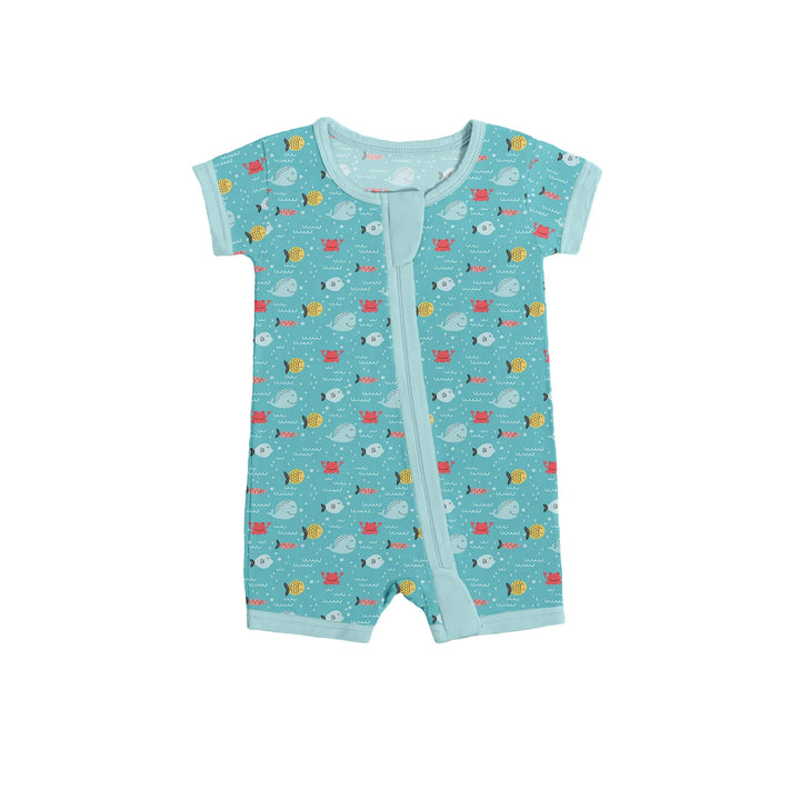Fishes and Crabs Shorty Zippered Romper , Fishes and Crabs Shorty Zippered Romper - 0-3M