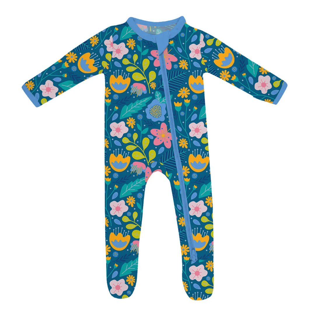 Folk Floral Footie Zippered Romper , Folk Floral Footie Zippered Romper - 0-3M