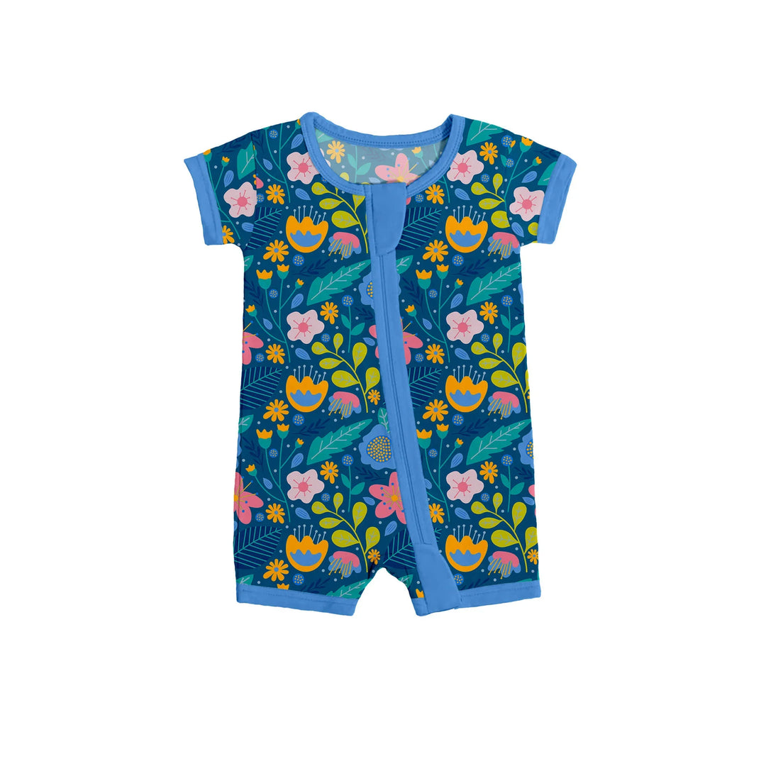 Folk Floral Shorty Zippered Romper , Folk Floral Shorty Zippered Romper - 0-3M