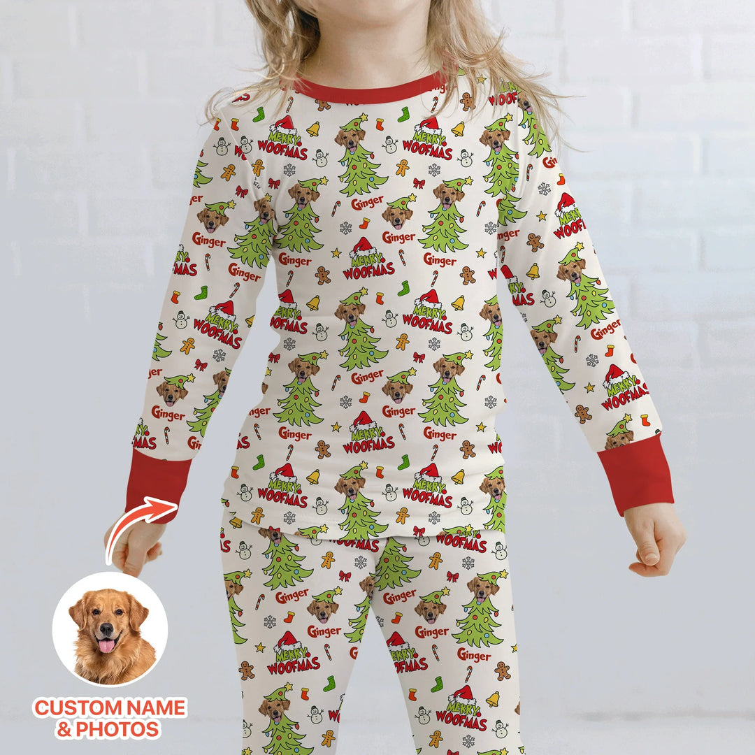 Custom Dog Photo Merry Woofmas Two Piece Long Sleeve Pajama Set