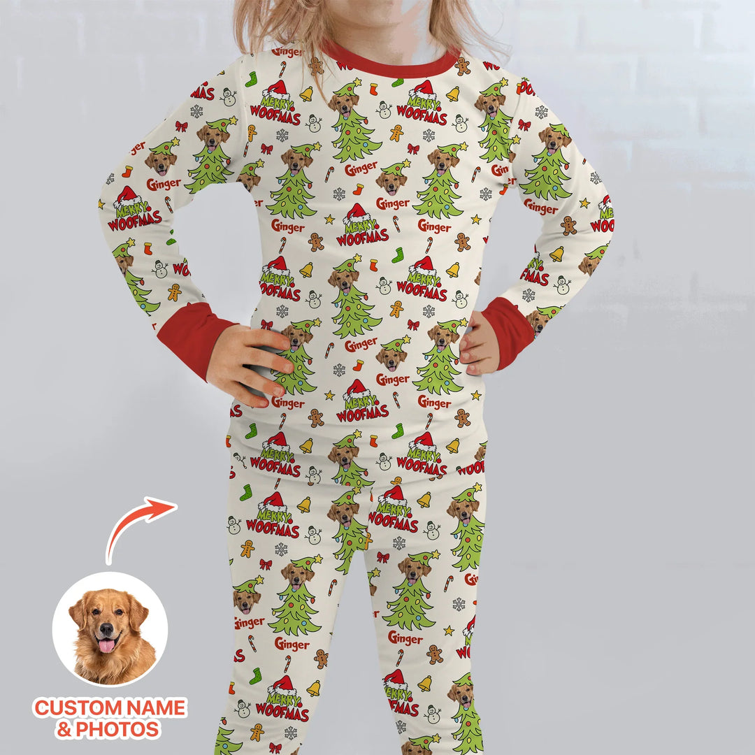 Custom Dog Photo Merry Woofmas Two Piece Long Sleeve Pajama Set