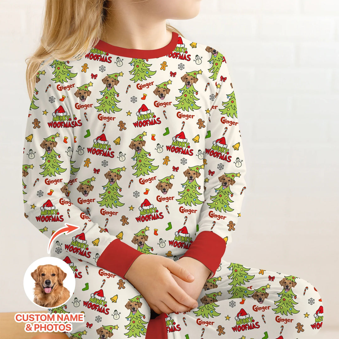Custom Dog Photo Merry Woofmas Two Piece Long Sleeve Pajama Set