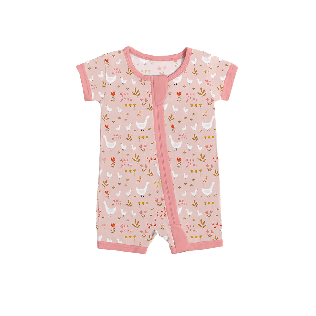 Geese and Flowers Shorty Zippered Romper , Geese and Flowers Shorty Zippered Romper - 0-3M