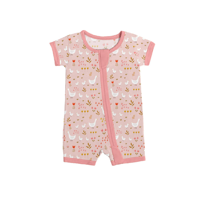 Geese and Flowers Shorty Zippered Romper , Geese and Flowers Shorty Zippered Romper - 0-3M