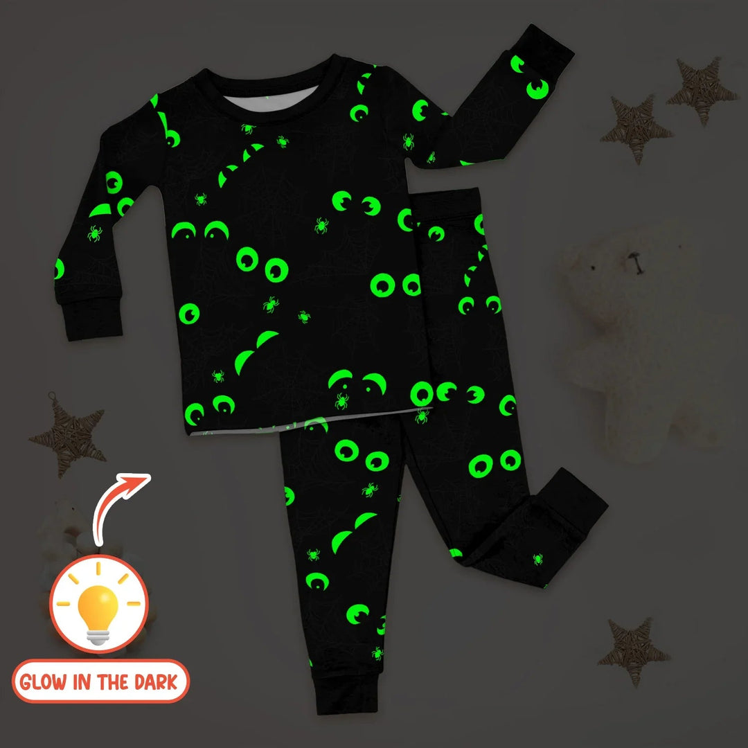 Glow In The Dark Creepy Spiderweb Two Piece Long Sleeve Pajama Set - Zumbamboo