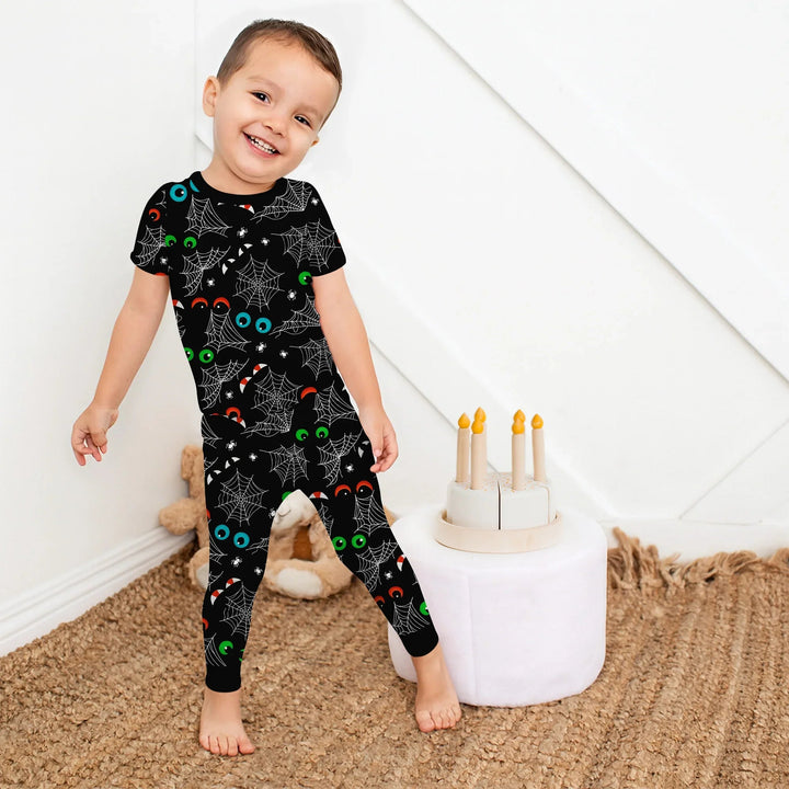 Glow In The Dark Creepy Spiderweb Two Piece Short Sleeve Pajama Set - Zumbamboo