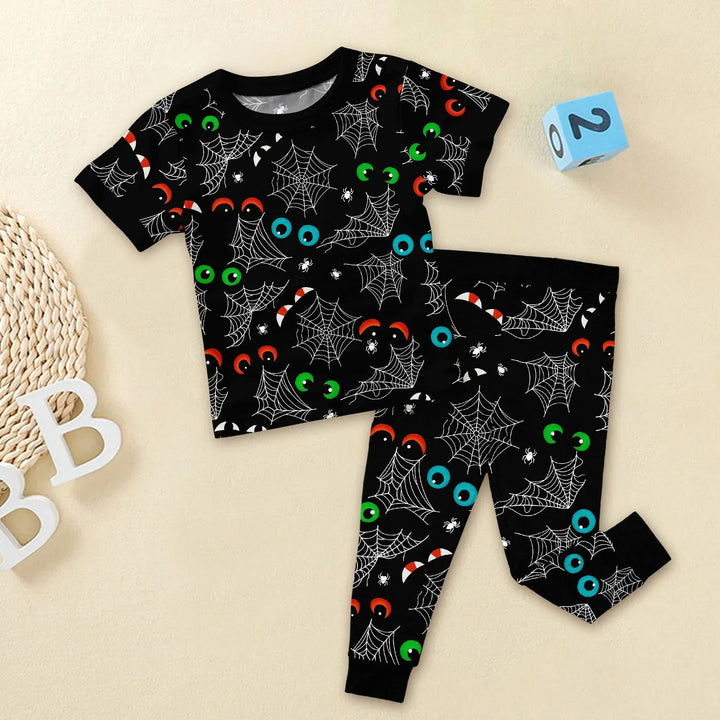 Glow In The Dark Creepy Spiderweb Two Piece Short Sleeve Pajama Set - Zumbamboo