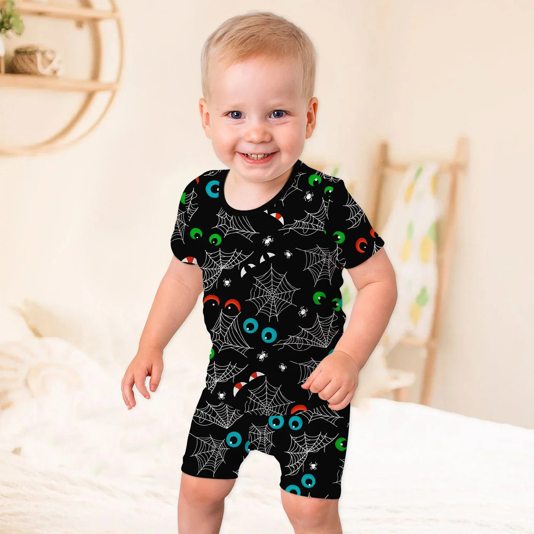Glow In The Dark Creepy Spiderweb Two Piece Short Sleeve Shorts Pajama Set - Zumbamboo