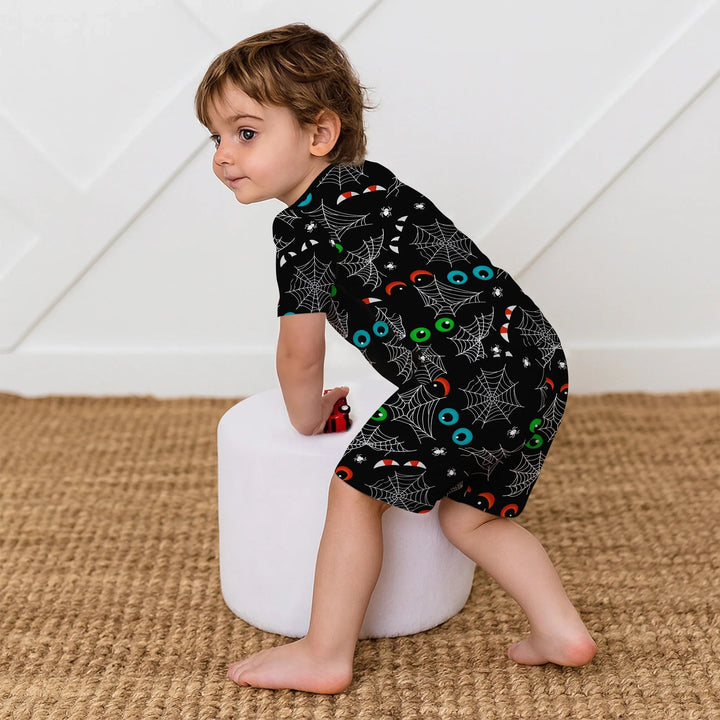 Glow In The Dark Creepy Spiderweb Two Piece Short Sleeve Shorts Pajama Set - Zumbamboo