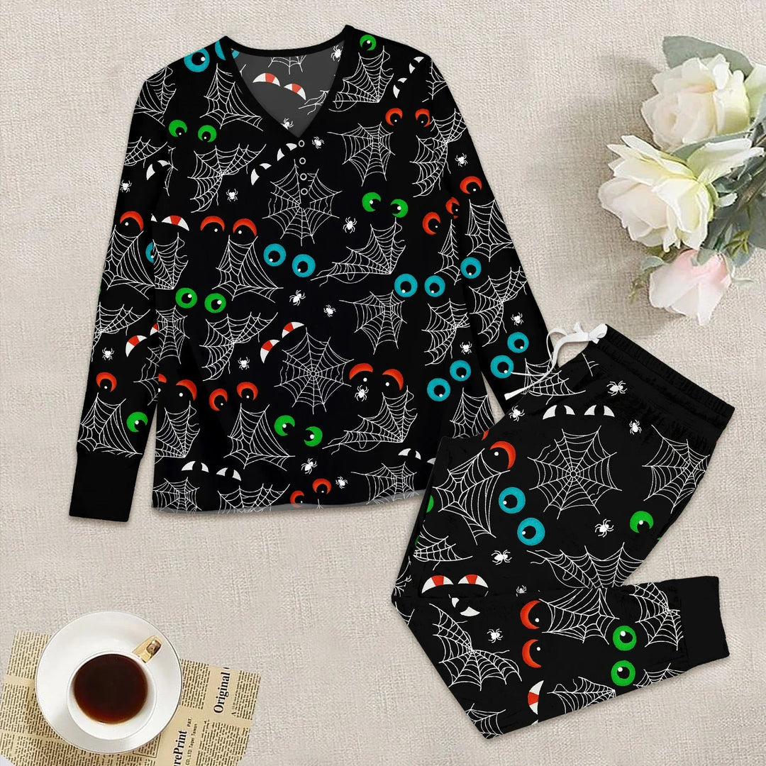 Glow In The Dark Creepy Spiderweb Women Pajama Set - Zumbamboo