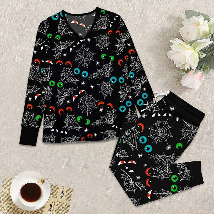 Glow In The Dark Creepy Spiderweb Women Pajama Set - Zumbamboo