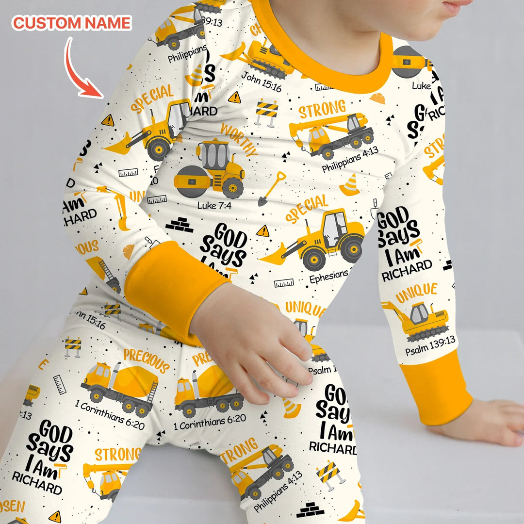 God Says I Am Custom Name Boy Two Piece Long Sleeve Pajama Set - Zumbamboo