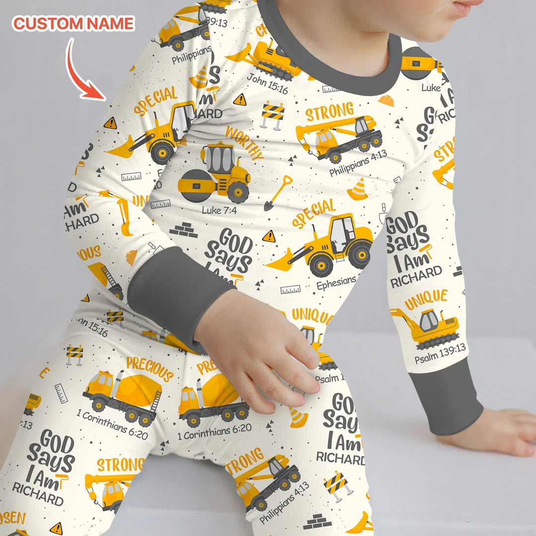 God Says I Am Custom Name Boy Two Piece Long Sleeve Pajama Set - Zumbamboo